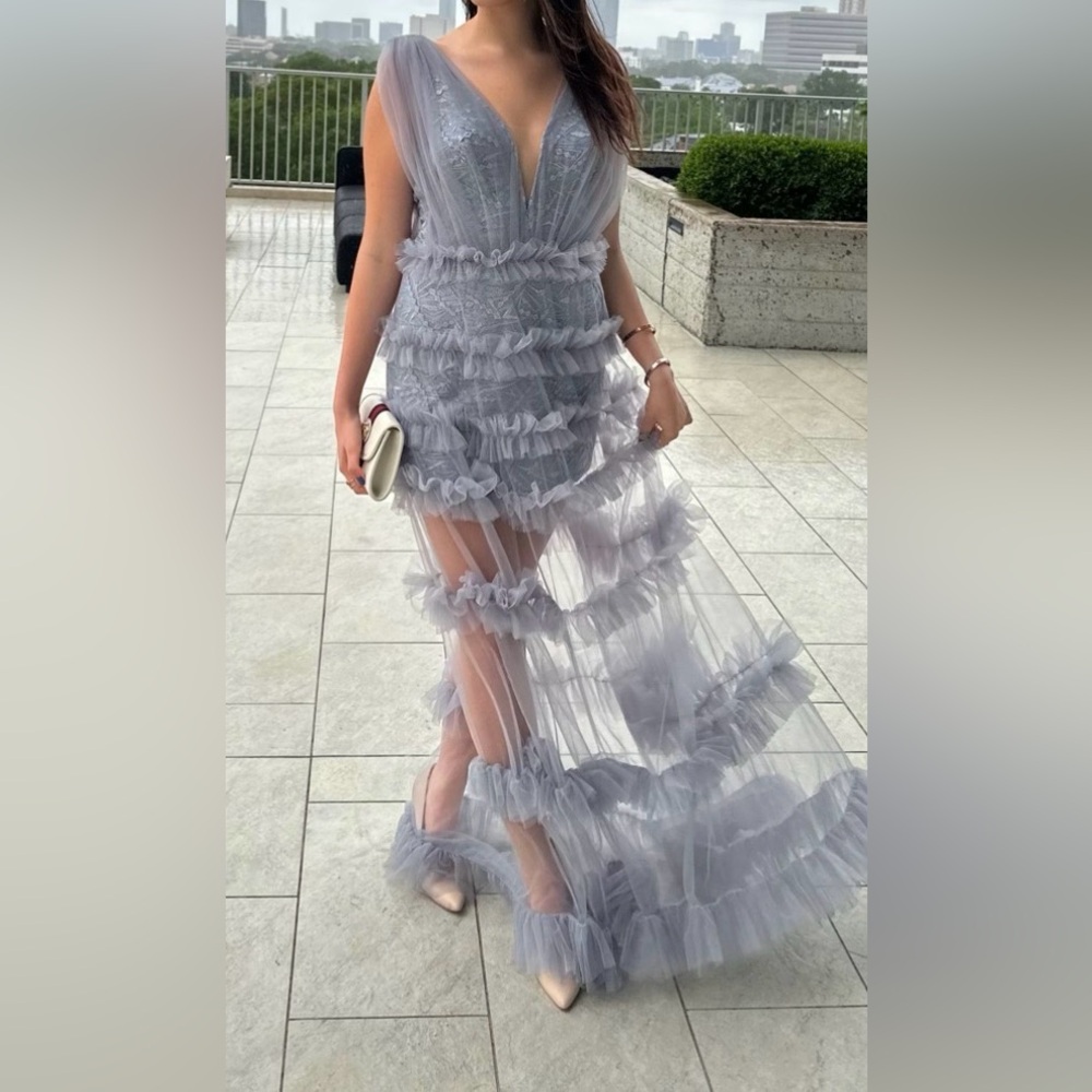 Chic Sheer Gray Ruffled High-Low Dress